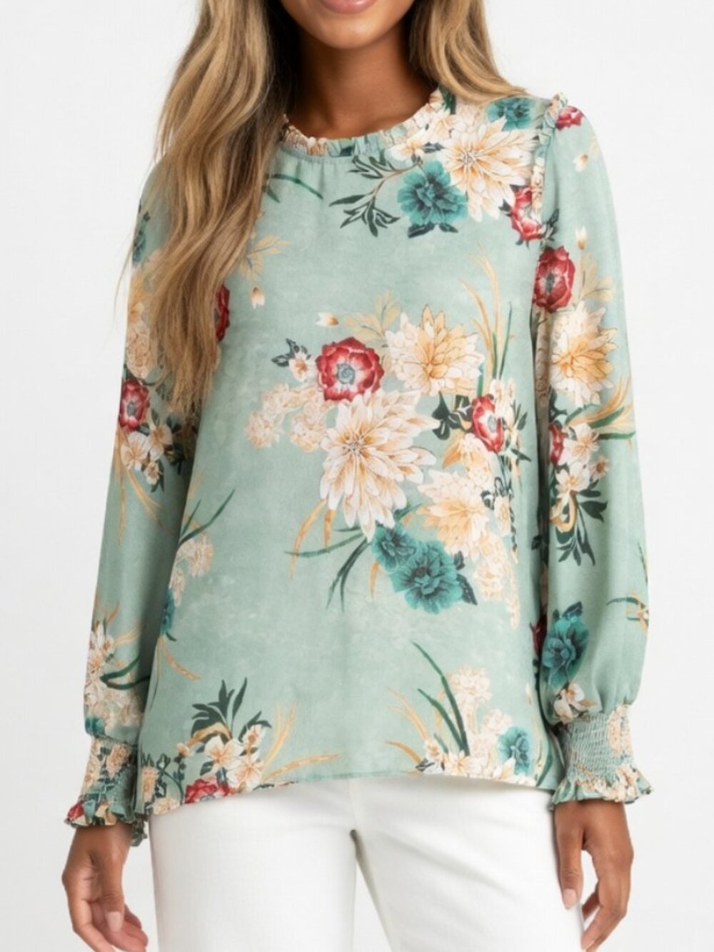 👚 Violet & Claire Sage Floral Long-Sleeve Blouse. Size L